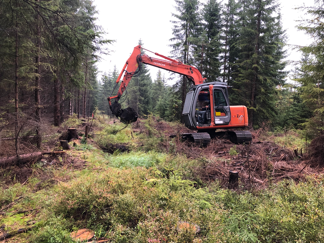 Ein roter Bagger auf der Moorfläche.